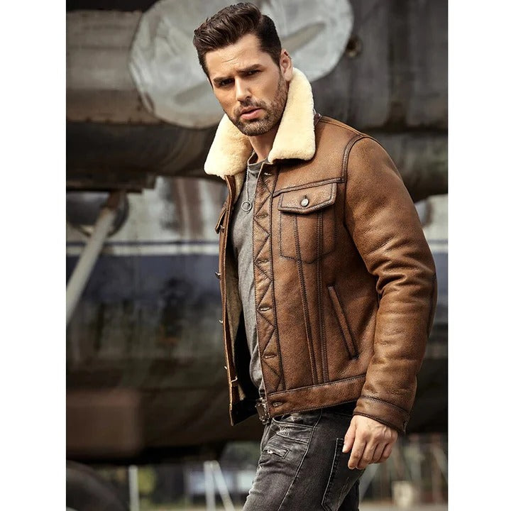 Veste en cuir de mouton retourné marron RAF B3 pour homme