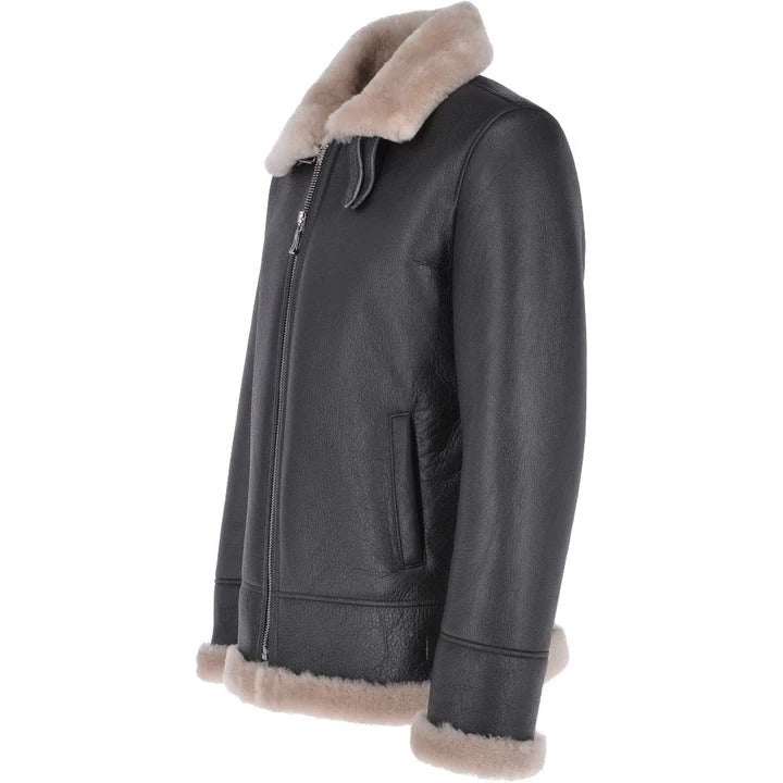 Veste en peau de mouton marron Veste aviateur en cuir noir pour homme