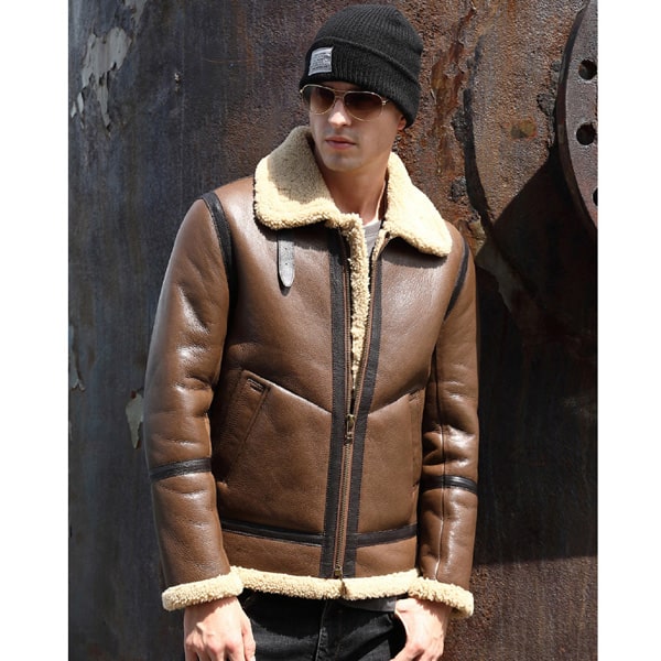 Manteau de vol en peau de mouton marron pour homme