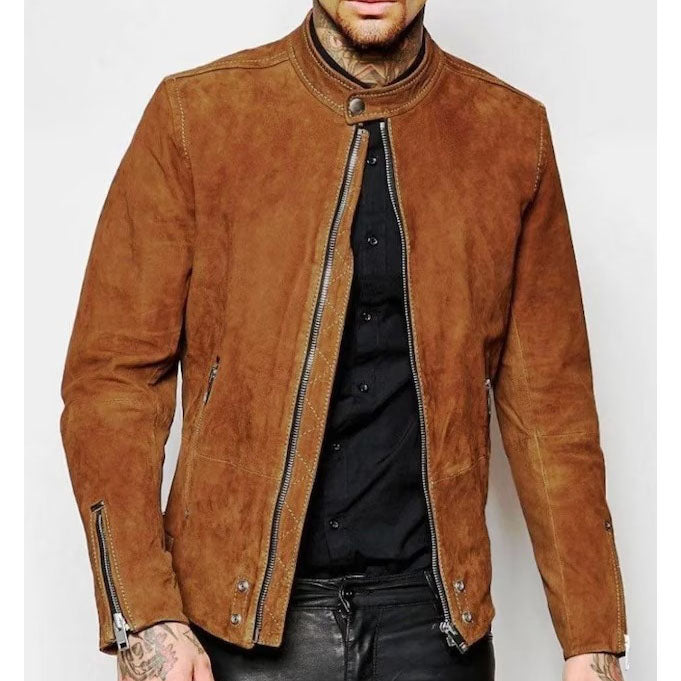 Men's Brown Suede Leather Motorcycle Biker Jacket