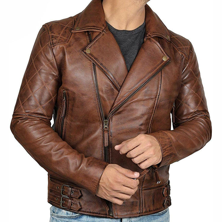 Veste de moto en cuir marron Cafe Racer pour homme