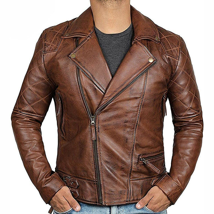 Veste de moto en cuir marron Cafe Racer pour homme