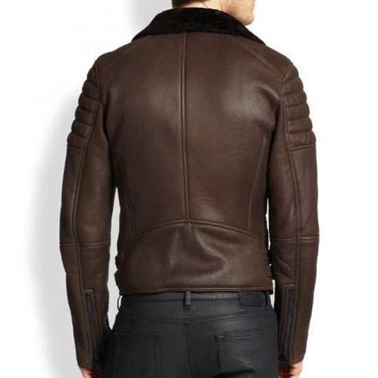 Veste en peau de mouton marron pour homme Cafe Racer en fourrure noire