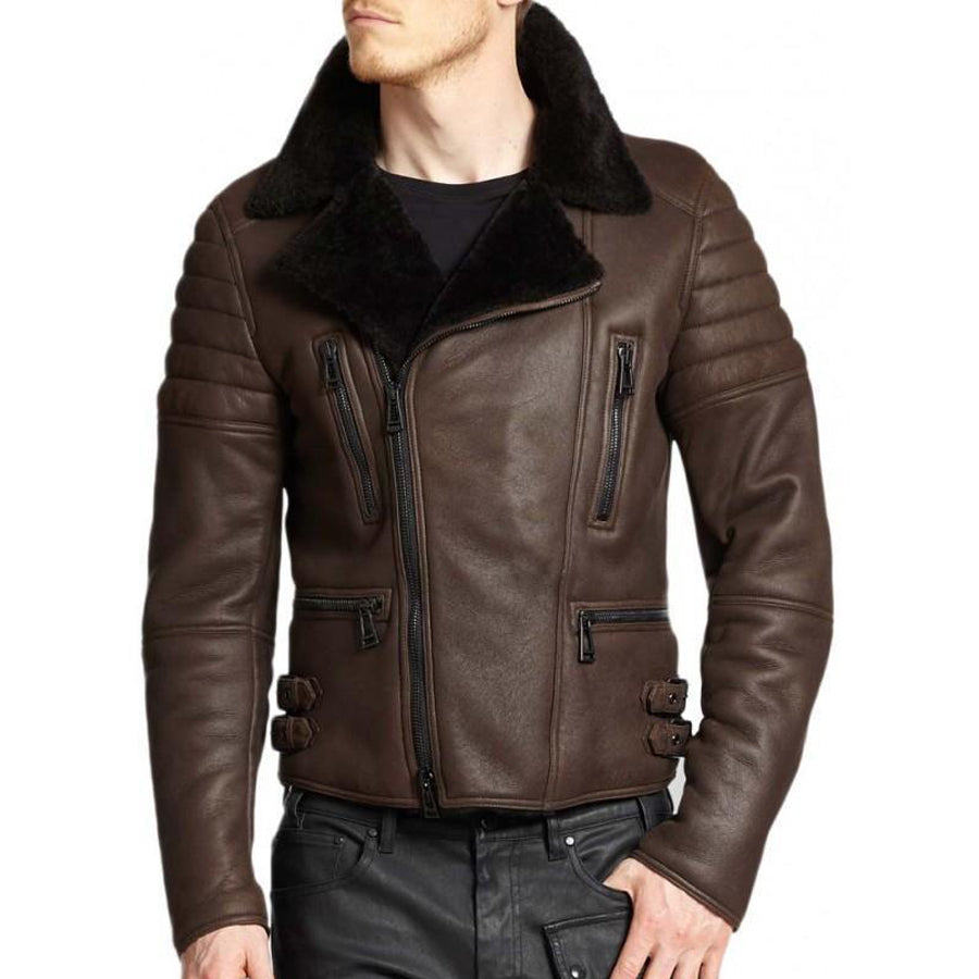 Veste en peau de mouton marron pour homme Cafe Racer en fourrure noire