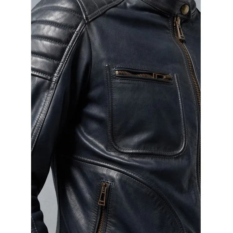 Veste de moto en cuir bleu marine foncé pour homme