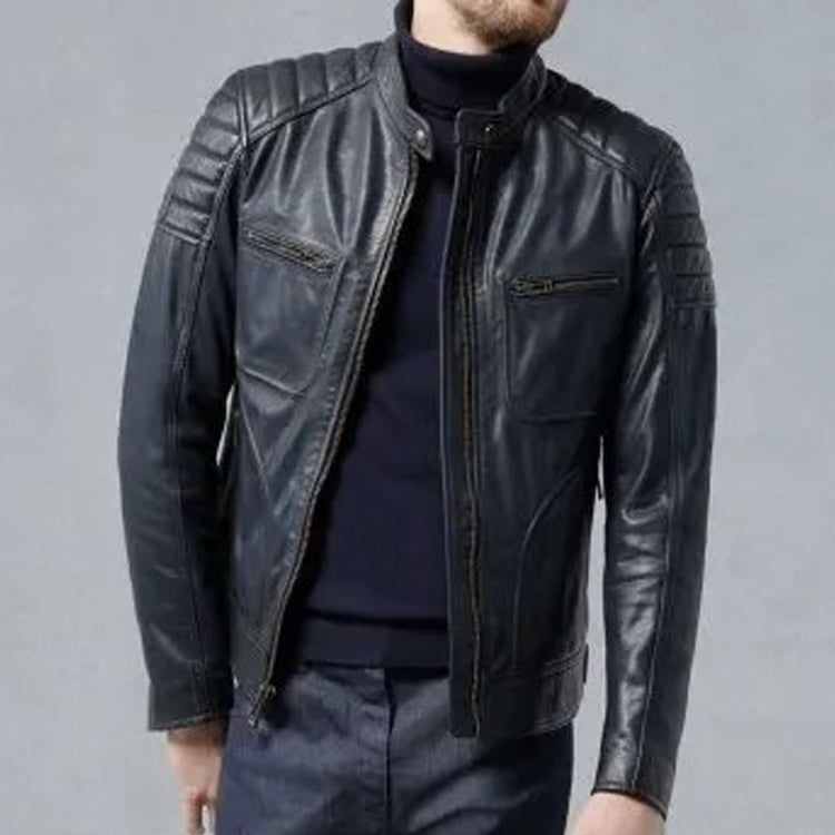 Veste de moto en cuir bleu marine foncé pour homme