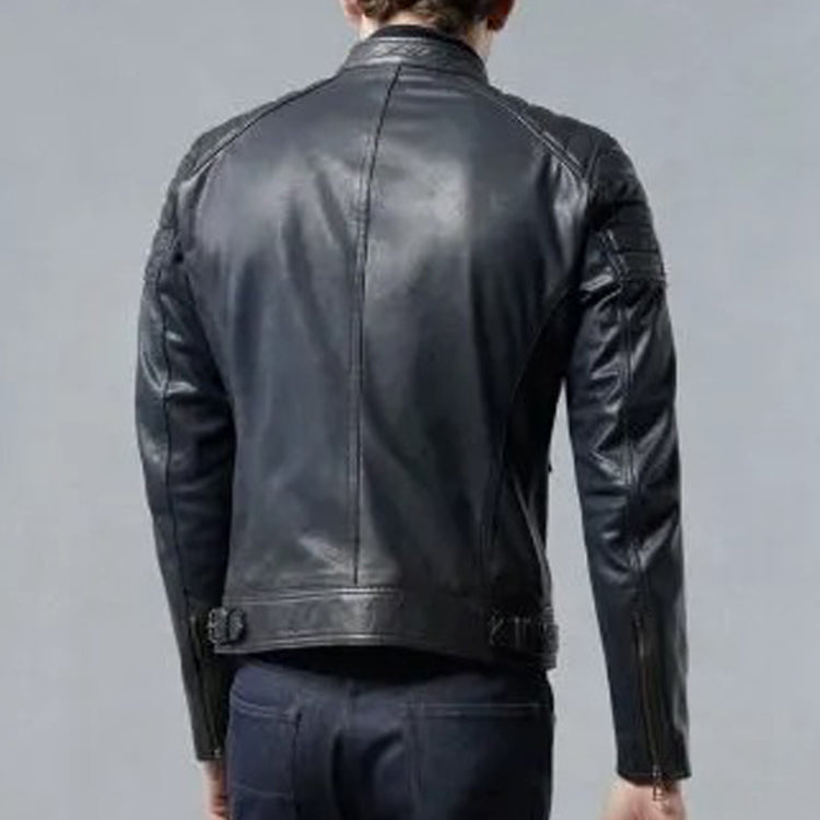 Veste de moto en cuir bleu marine foncé pour homme