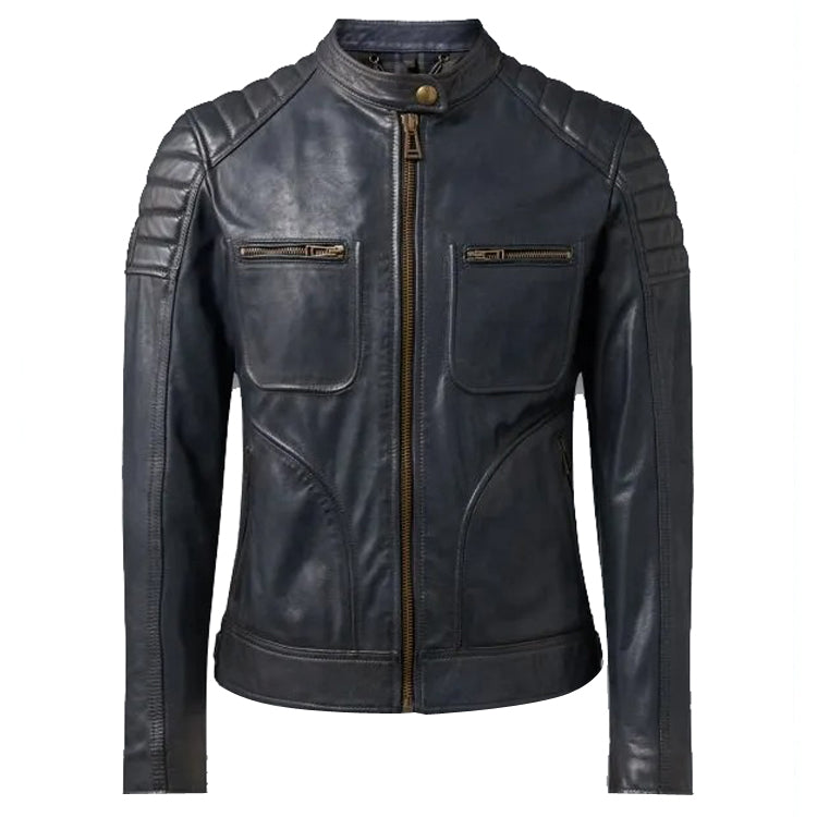 Veste de moto en cuir bleu marine foncé pour homme