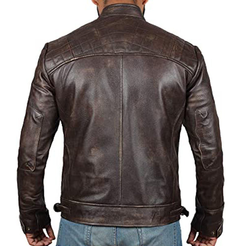 Veste en cuir marron foncé vieilli pour homme avec col montant