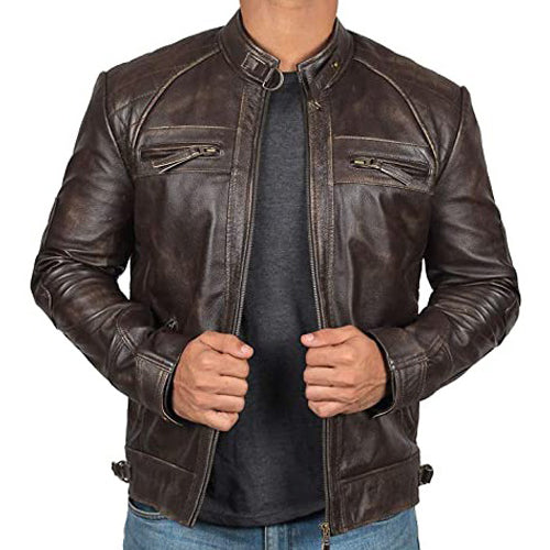 Veste en cuir marron foncé vieilli pour homme avec col montant