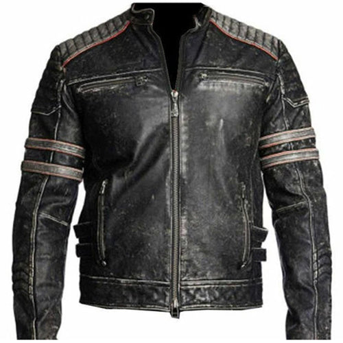 Veste Cafe Racer gris foncé vieilli pour homme avec rayures