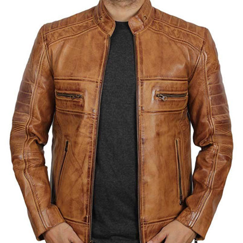 Veste Cafe Racer marron vieilli pour homme avec col montant