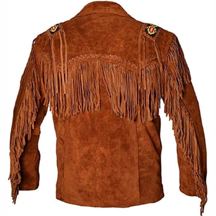 Veste western en cuir marron à franges pour homme