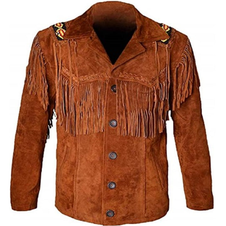 Veste western en cuir marron à franges pour homme