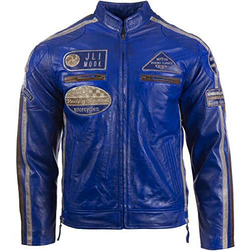 Veste de motard en cuir véritable pour homme avec patchs