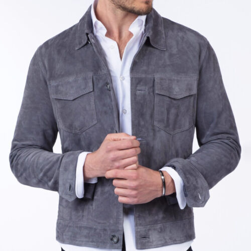 Veste de camionneur en cuir suédé gris pour homme