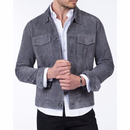 Veste de camionneur en cuir suédé gris pour homme