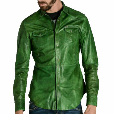 Chemise verte en cuir d'agneau de qualité supérieure pour homme