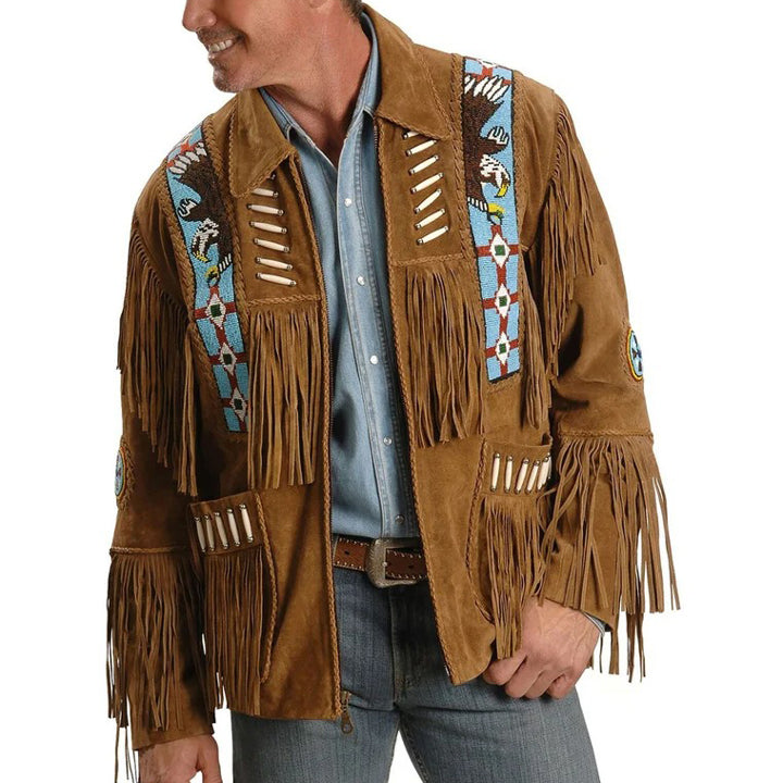 Veste western en cuir suédé amérindien pour homme