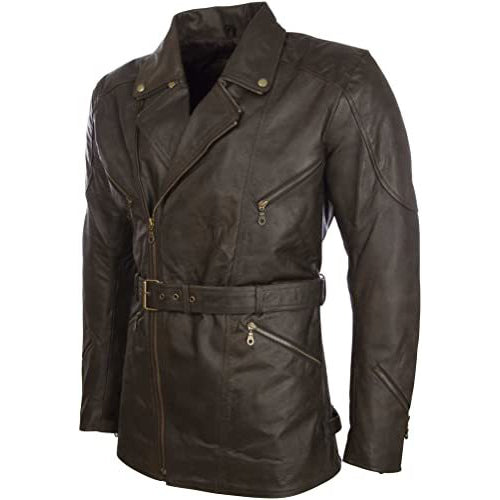 Manteau de moto en cuir de vachette véritable avec ceinture pour homme