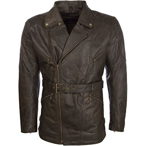 Manteau de moto en cuir de vachette véritable avec ceinture pour homme