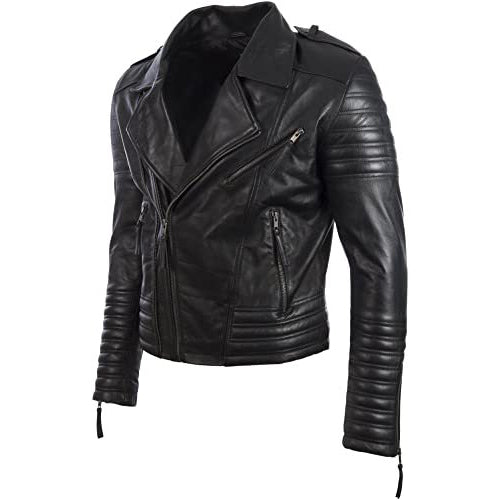 Veste de motard tendance asymétrique en cuir véritable pour homme