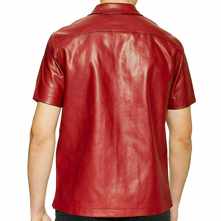 Chemise rouge en cuir d'agneau véritable pour homme