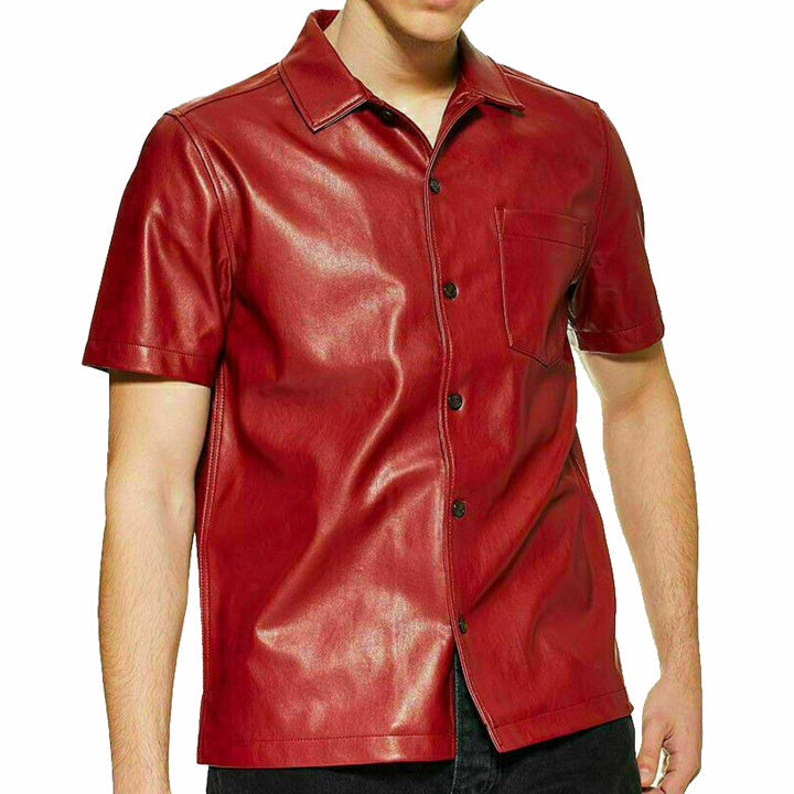 Chemise rouge en cuir d'agneau véritable pour homme