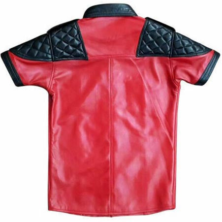 Chemise de police en cuir d'agneau rouge pour homme avec rembourrage