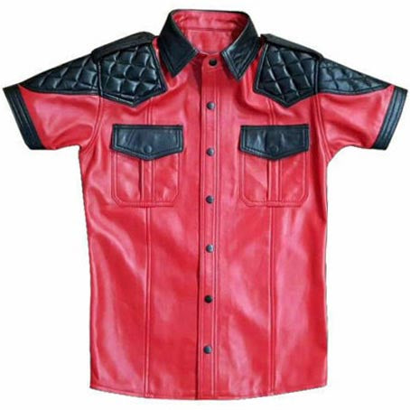 Chemise de police en cuir d'agneau rouge pour homme avec rembourrage