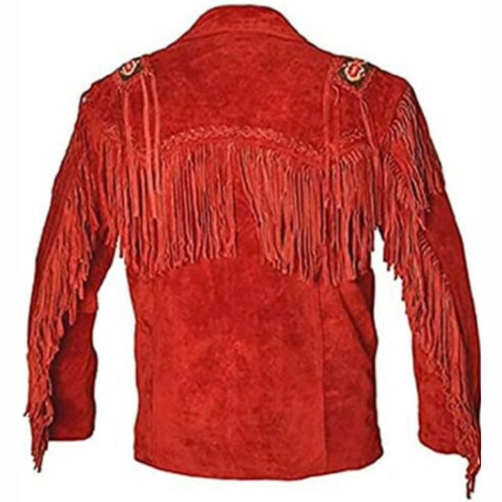 Veste de cowboy en cuir rouge pour homme avec franges courtes