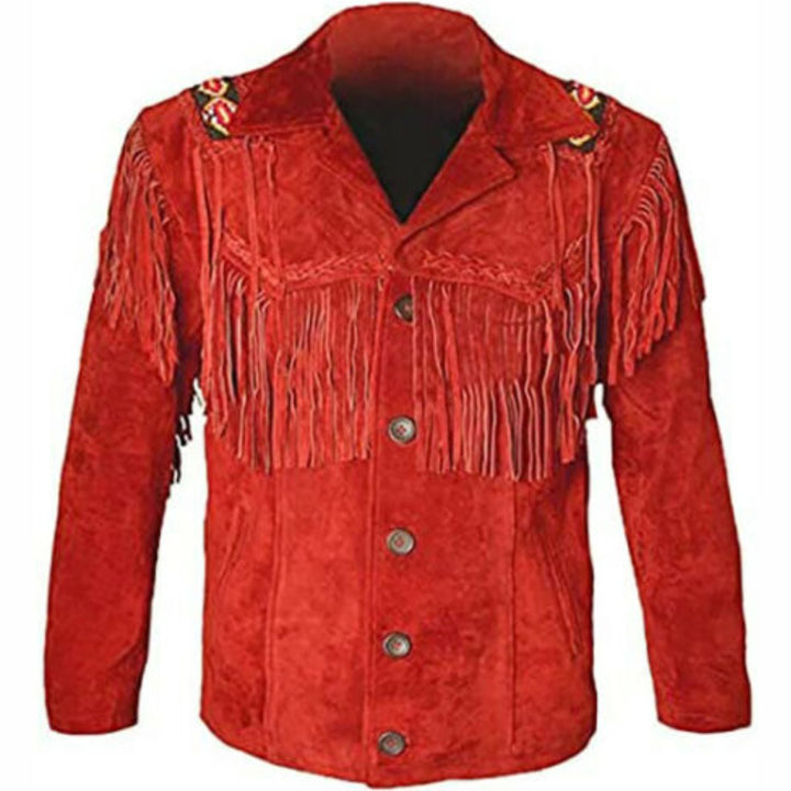 Veste de cowboy en cuir rouge pour homme avec franges courtes