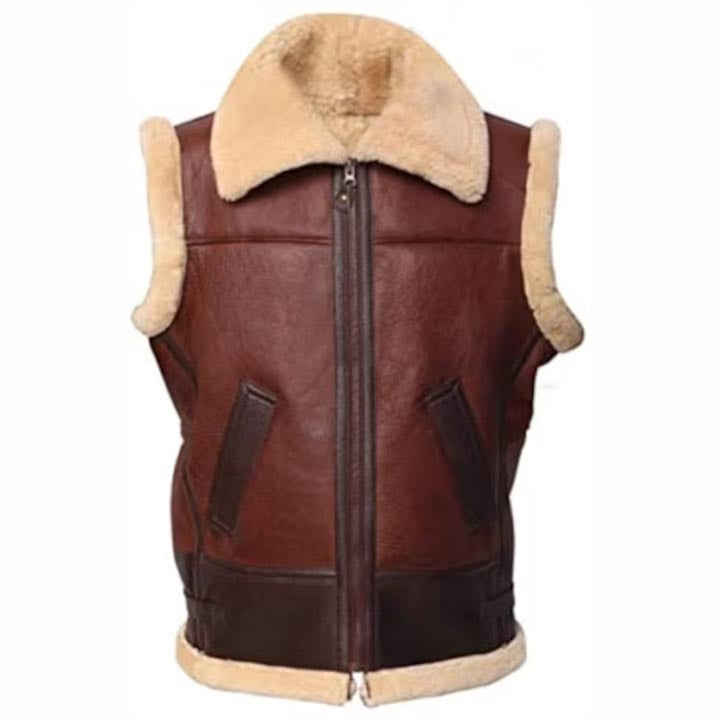 Gilet en cuir de mouton synthétique marron rougeâtre pour homme