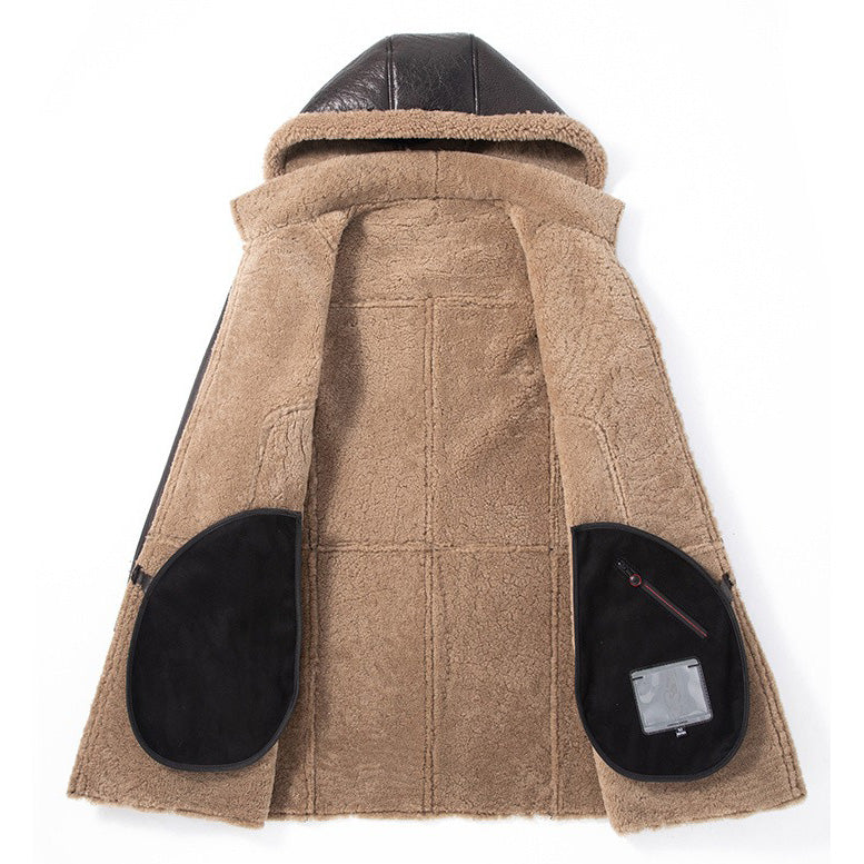 Parka d'hiver à capuche en peau de mouton pour homme