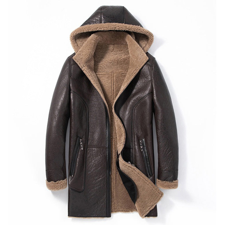 Parka d'hiver à capuche en peau de mouton pour homme