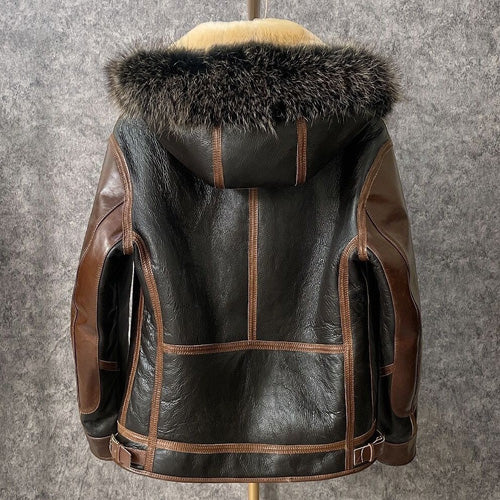 Manteau d'hiver à capuche en cuir de mouton pour homme