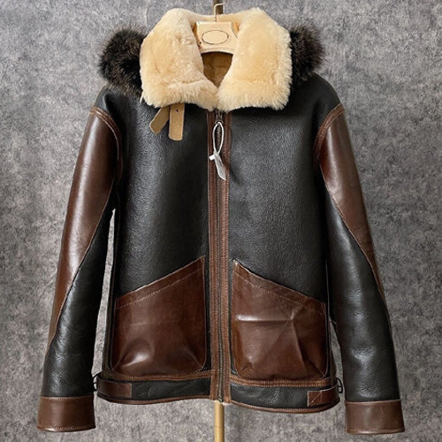 Manteau d'hiver à capuche en cuir de mouton pour homme