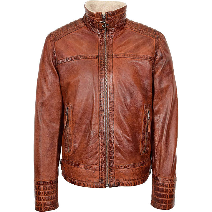 Veste en cuir marron doublée en sherpa pour homme