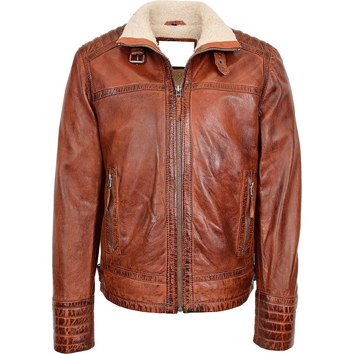 Veste en cuir marron doublée en sherpa pour homme