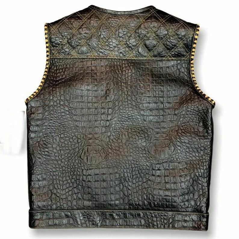 Gilet de motard matelassé à motif serpent jaune diamant pour homme