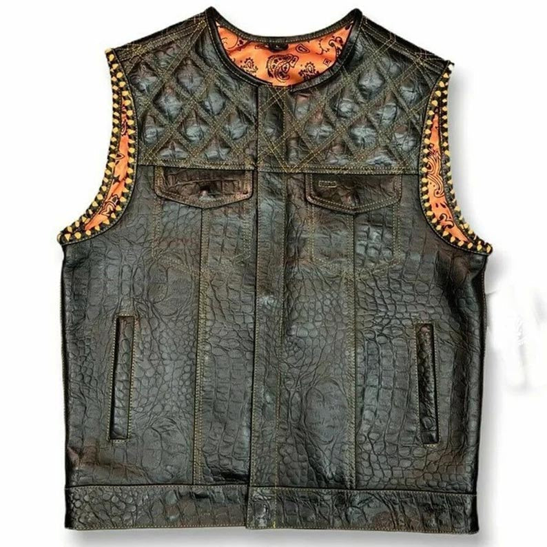 Gilet de motard matelassé à motif serpent jaune diamant pour homme