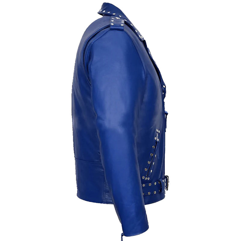 Veste motard en cuir bleu clouté pour homme