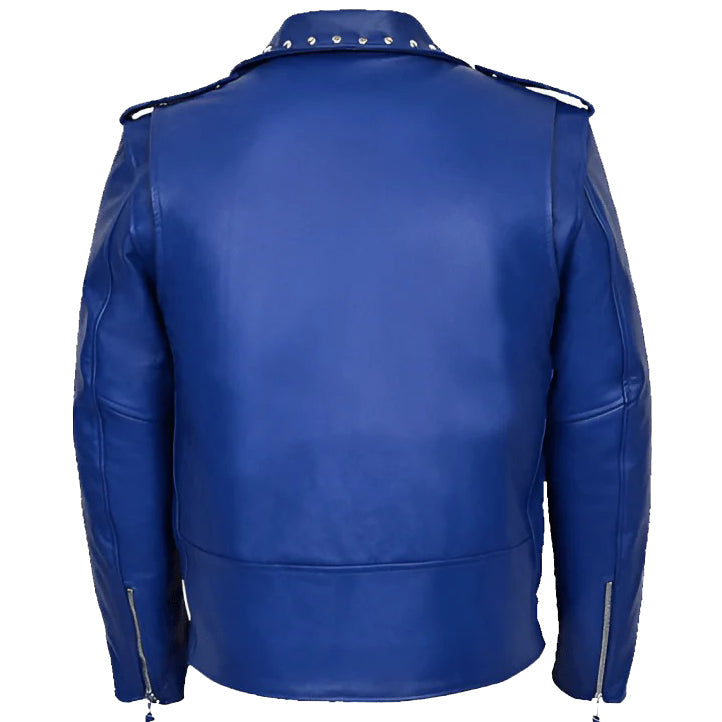 Veste motard en cuir bleu clouté pour homme