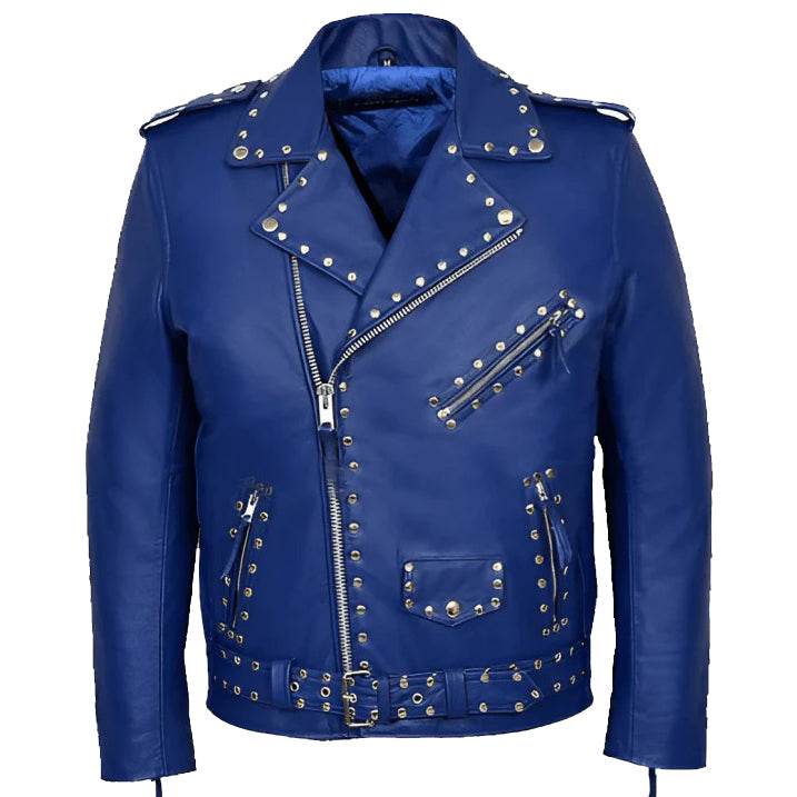 Veste motard en cuir bleu clouté pour homme