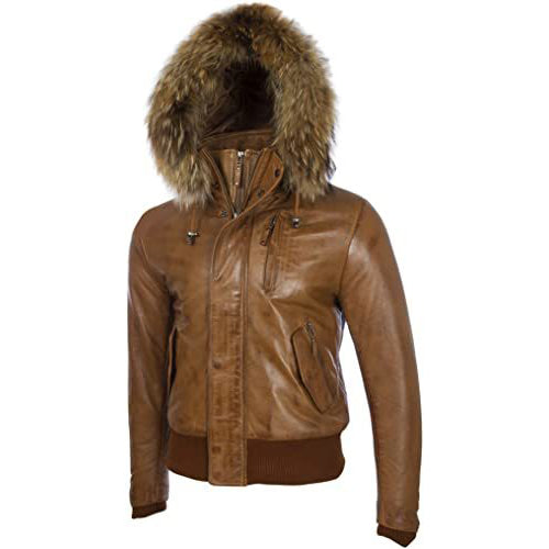 Veste motard en cuir marron clair pour homme avec capuche amovible