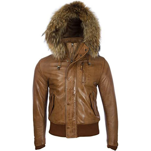 Veste motard en cuir marron clair pour homme avec capuche amovible