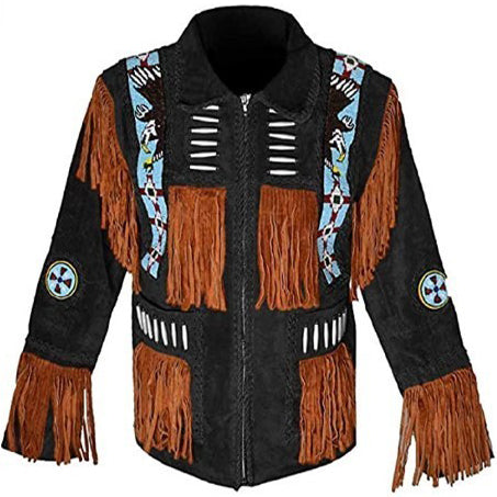 Veste en cuir noir western pour homme avec franges