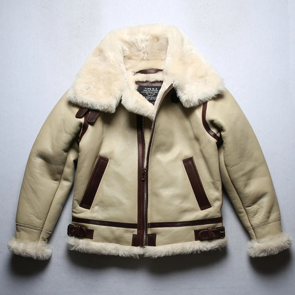 Veste d'hiver en peau de mouton B3 blanche pour homme