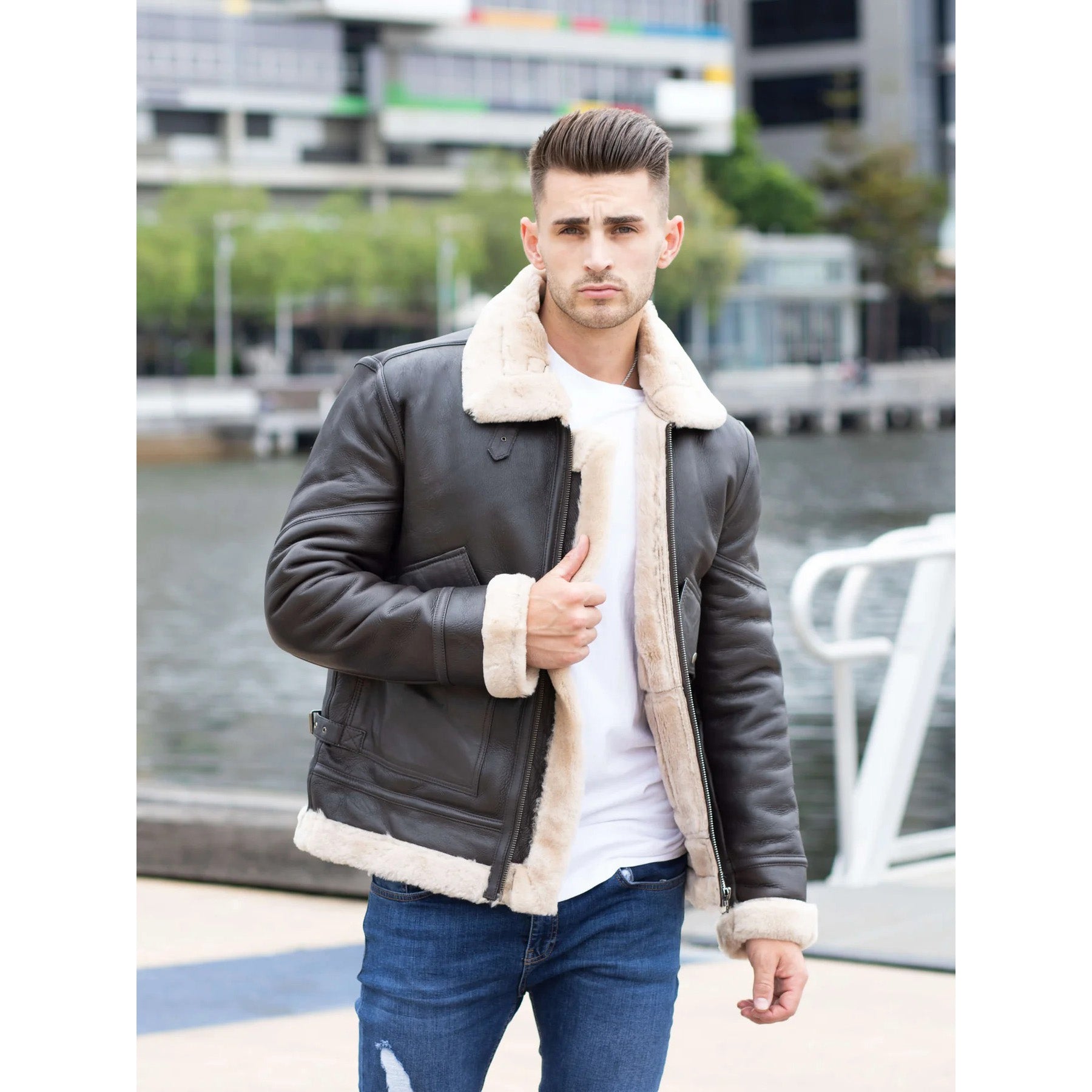 Veste en cuir de mouton retourné style Airforce pour homme