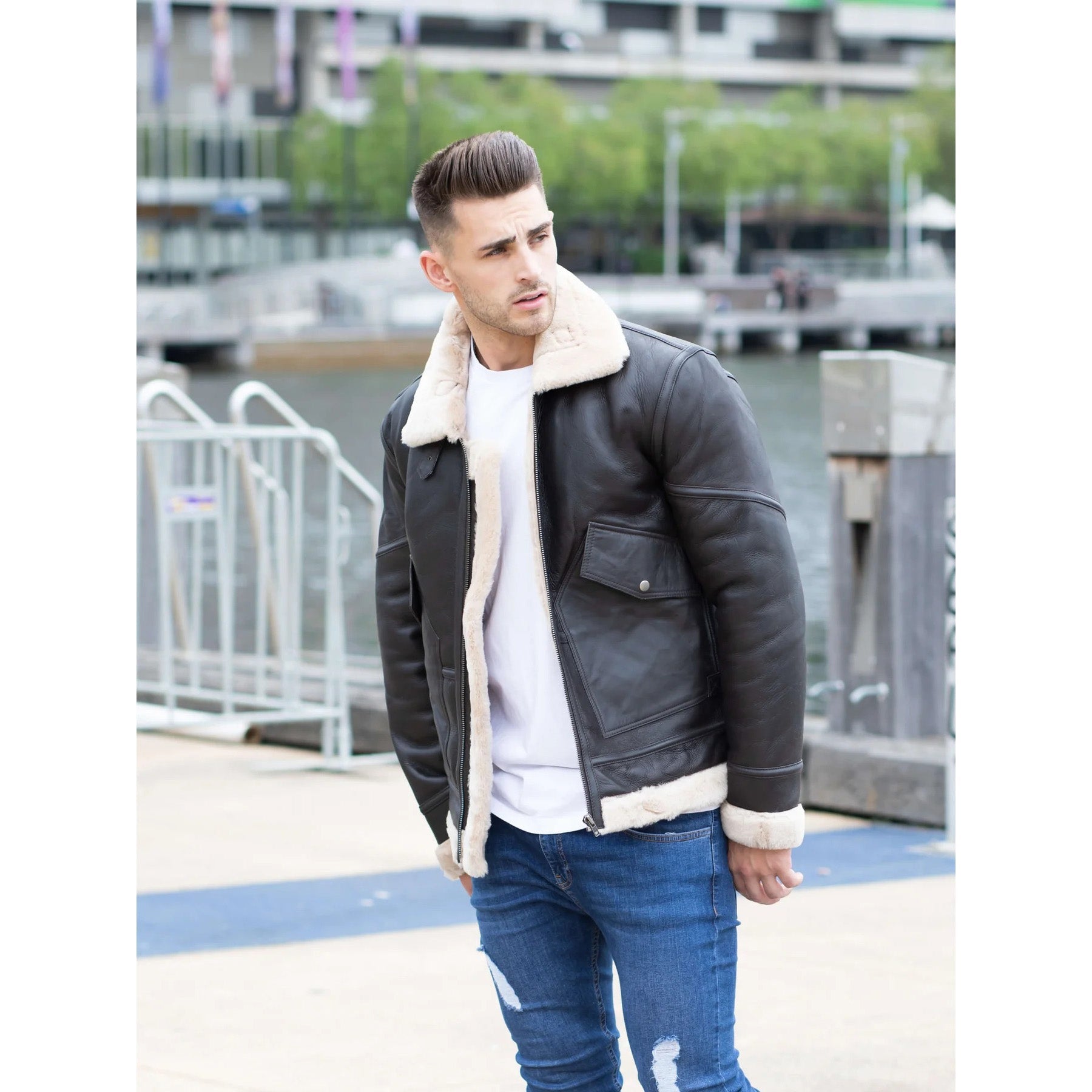 Veste en cuir de mouton retourné style Airforce pour homme